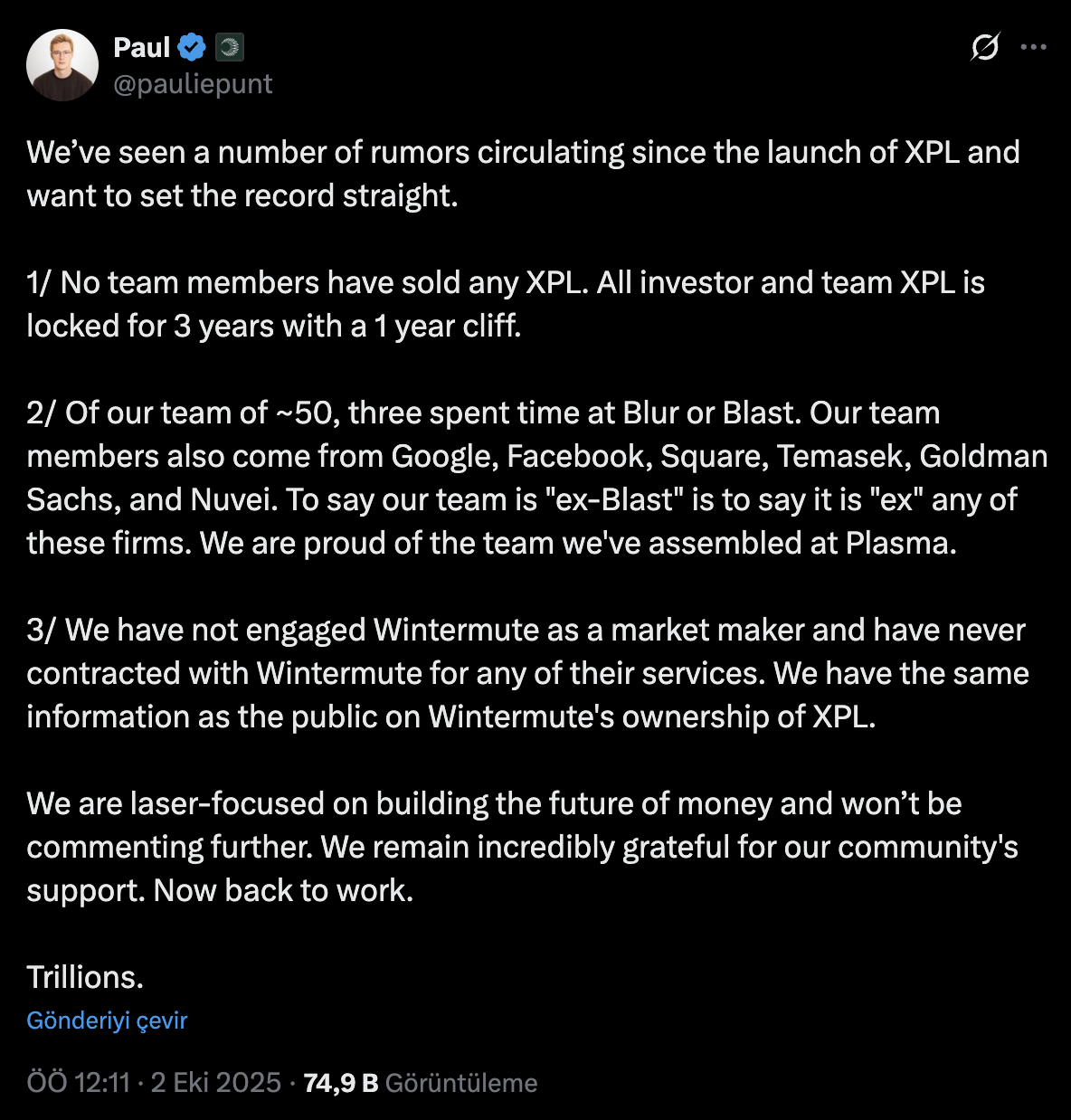 1 Doların Altına Düşen XPL Coin İçin ‘Satış Yok’ Açıklaması