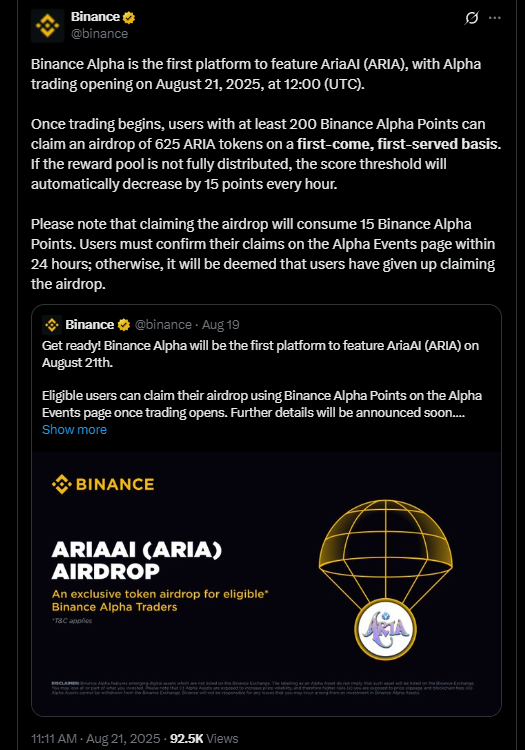 Binance Alpha, AriaAI (ARIA) Altcoin'ini Listeliyor: Sınırlı Süreli Airdrop İmkanı!