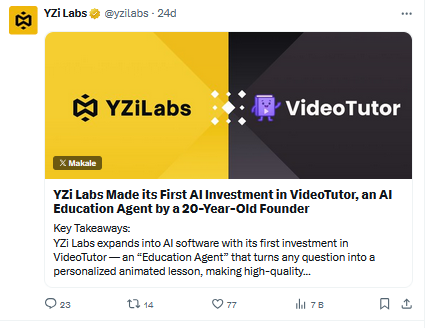 Binance Destekli YZi Labs Kurucusu 20 Yaşında Olan Projeye Yatırım Yaptı