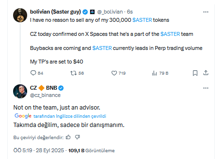 Binance Kurucusu Changpeng Zhao (CZ) Aster İçin Açıklama Yaptı