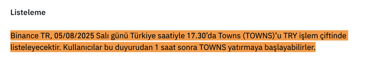 Binance TR, 10. HODLer Airdrop'uyla TOWNS Coin'i Dağıttı: Alım Satım Başladı
