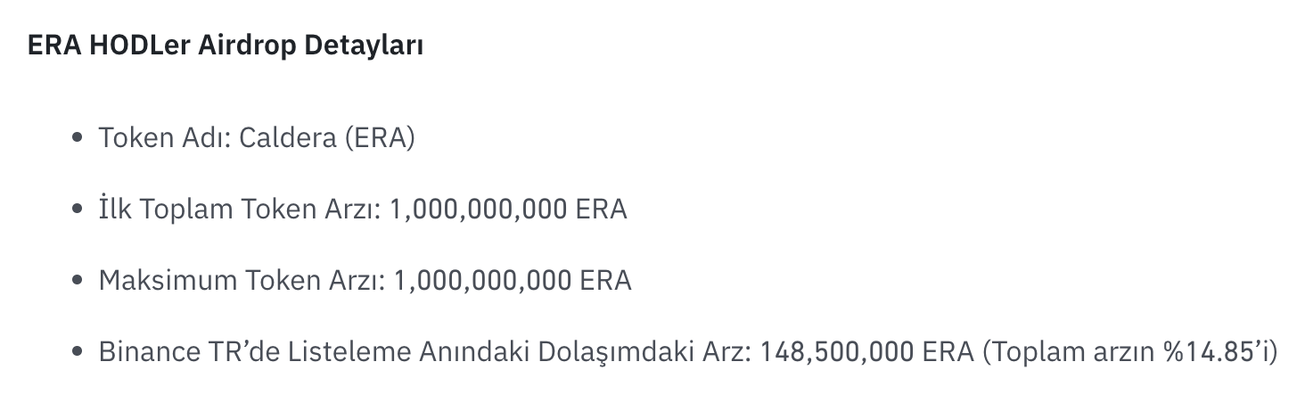 Binance TR, 7. HODLer Airdrop Programında Caldera (ERA) Coin'ini Listeledi