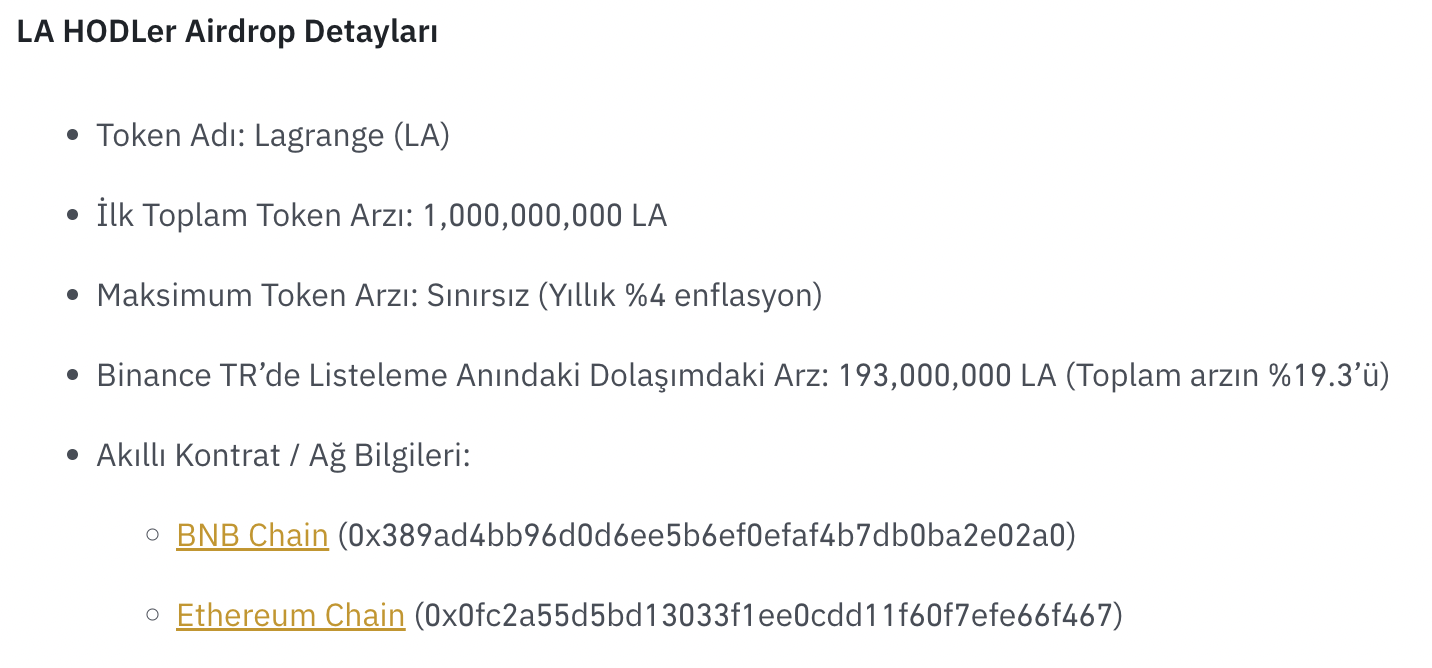 Binance TR, Altıncı HODLer Airdrop'unda Lagrange (LA) Token'ını Dağıtıyor