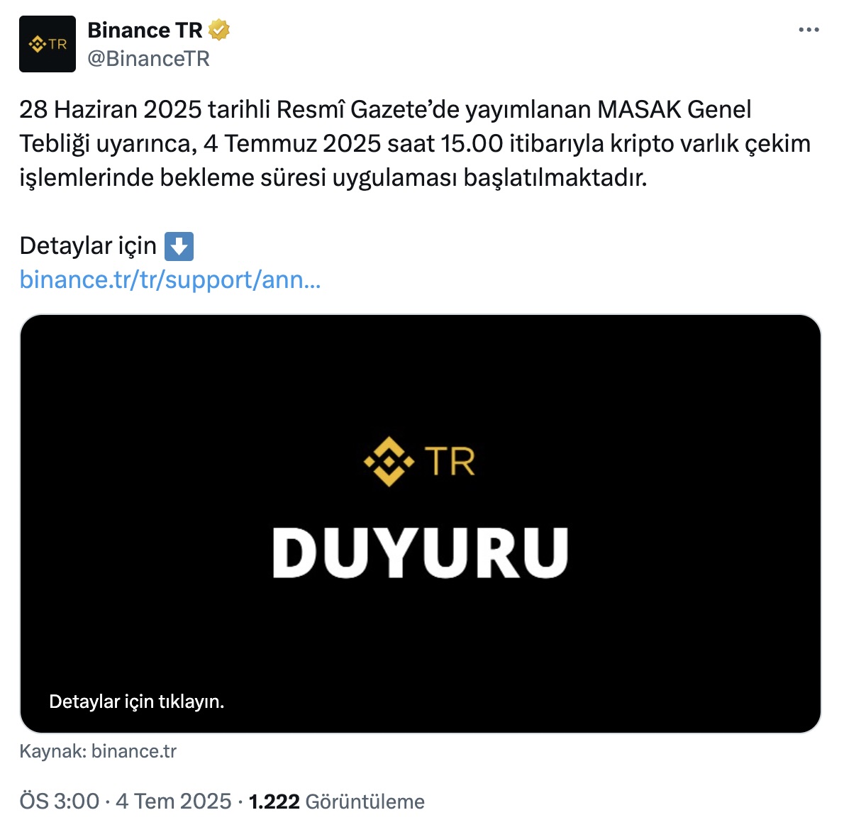 Binance TR, Kripto Para Çekimlerine 72 Saatlik Bekleme Süresi Getiriyor