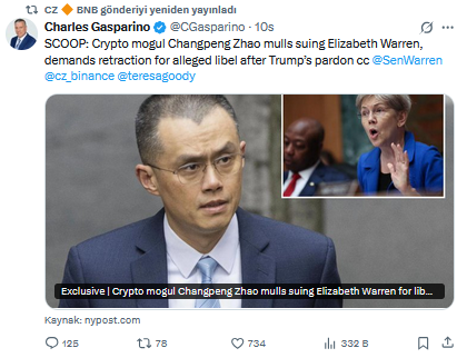 Binance’in Kurucusu Changpeng Zhao Senatör Elizabeth Warren’a İftira Davası Açıyor