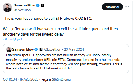 Bitcoin'in 1 Milyon Dolar Olması Beklentisiyle Ethereum Yatırımcılarına Uyarı