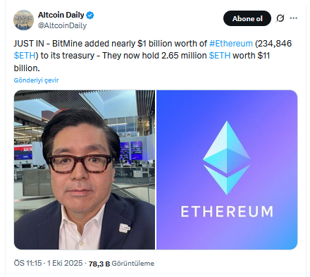 Bitmine Ethereum’da Coşkuyu Verdi: 1 Milyar Dolarlık ETH Alımı