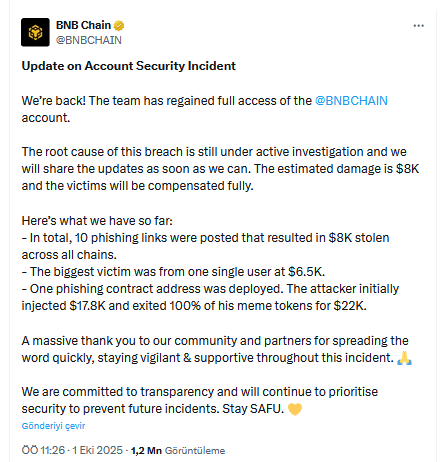 BNB Chain’de Kısa Süreli Şok Sonrası X Hesabı Geri Alındı