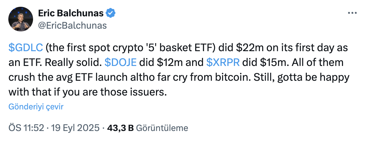 BTC, ETH, SOL, XRP ve ADA’yı Kapsayan ETF İlk İşlem Gününde 22 Milyon Doları Gördü