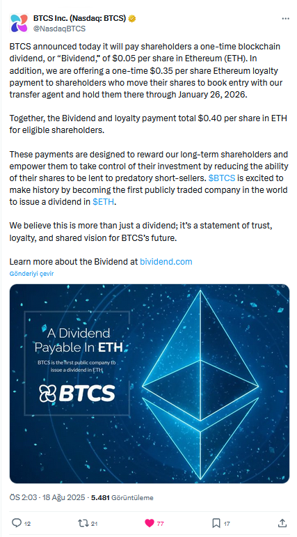 BTCS, Hissedarlarına Ethereum Temettüsü Dağıtacak: Kripto Dünyasında Bir İlk
