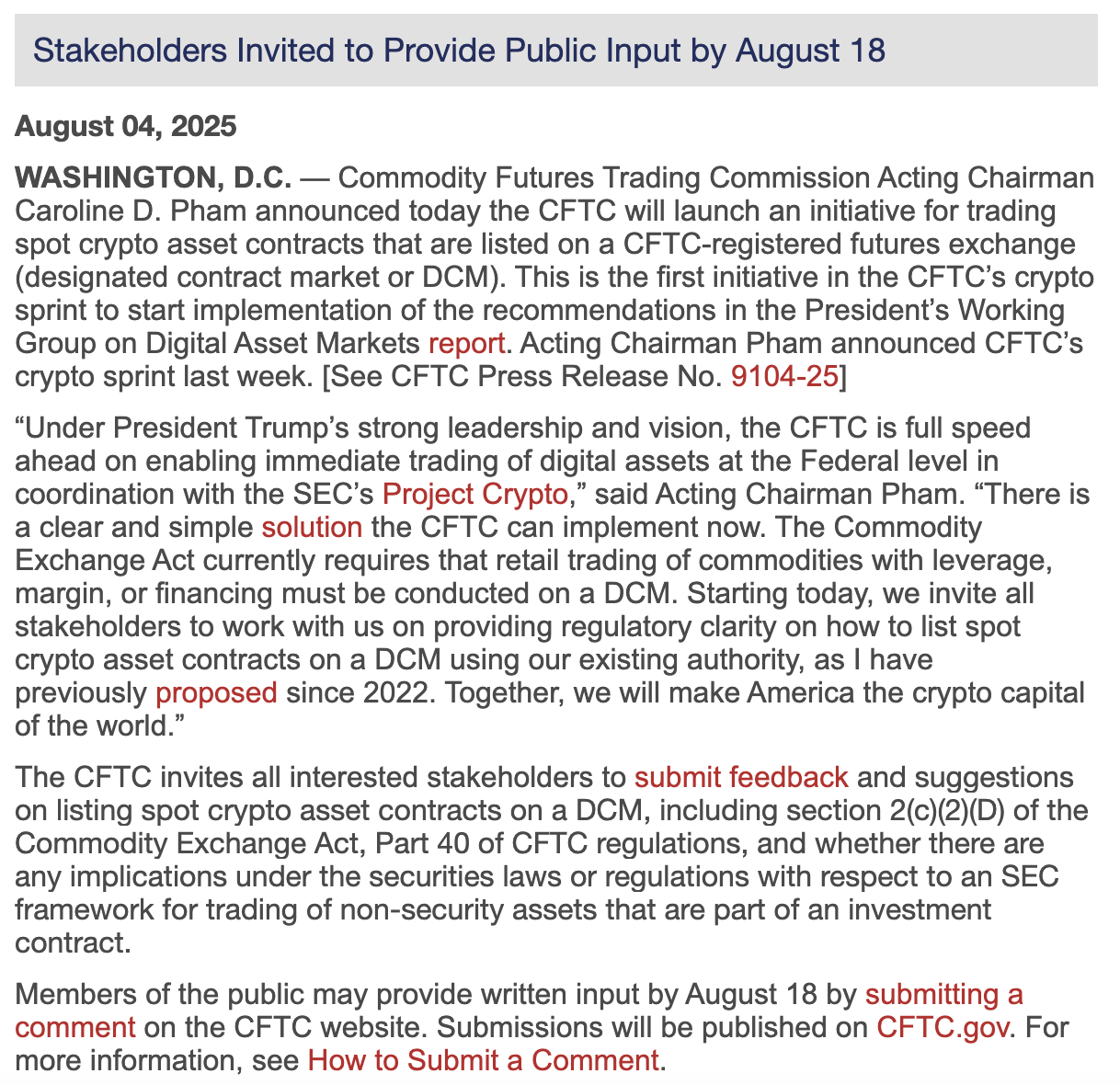 CFTC’den Son Dakika Kripto Para Duyurusu: Spot Sözleşmeler DCM Yolunda