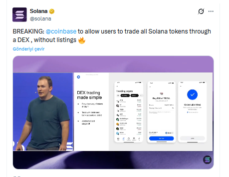 Coinbase Solana Tabanlı DEX Ticareti İçin Desteği Genişletti
