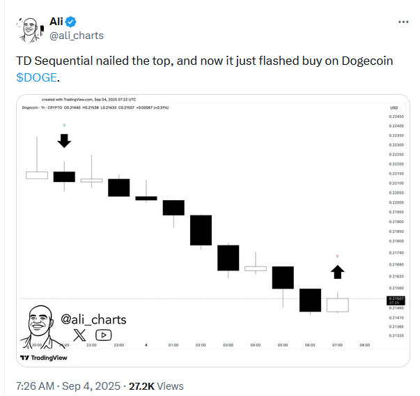 Dogecoin (DOGE) Saatlik Grafikte Dönüş Sinyal Veriyor: TD Sequential Göstergesi Analizi