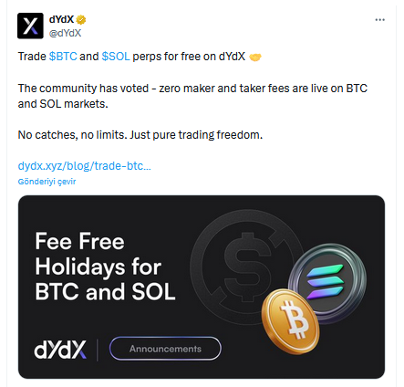 dYdX’ten Sıfır Komisyon Hamlesi: Bitcoin ve Solana İşlemleri Ücretsiz Oldu