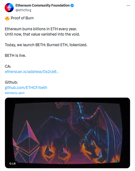 Ethereum Yakılan ETH'leri Tokenlaştırıyor: BETH Projesi Duyuruldu