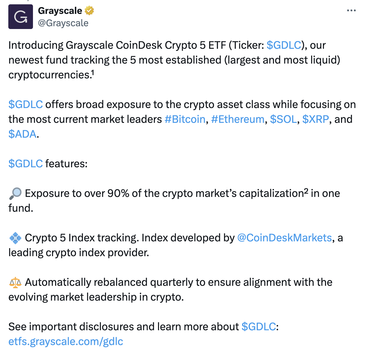 Grayscale'den Çoklu Kripto Para ETF'si: GDLC NYSE'de İşlem Görmeye Başladı