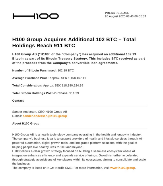 İsveçli H100 Group, Bitcoin Hazinesini 12 Milyon Dolarlık Yatırımla Güçlendirdi