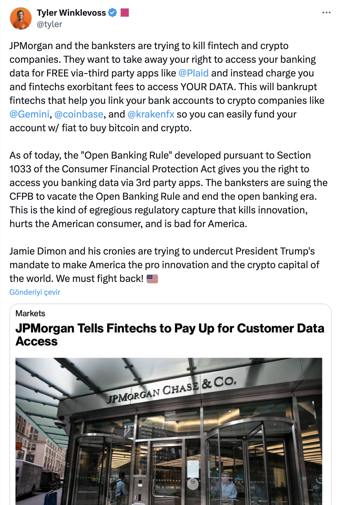 JPMorgan'ın Yeni Ücret Politikası: Winklevoss'tan Kripto Sektörüne Yönelik "Öldürme Girişimi" Suçlaması