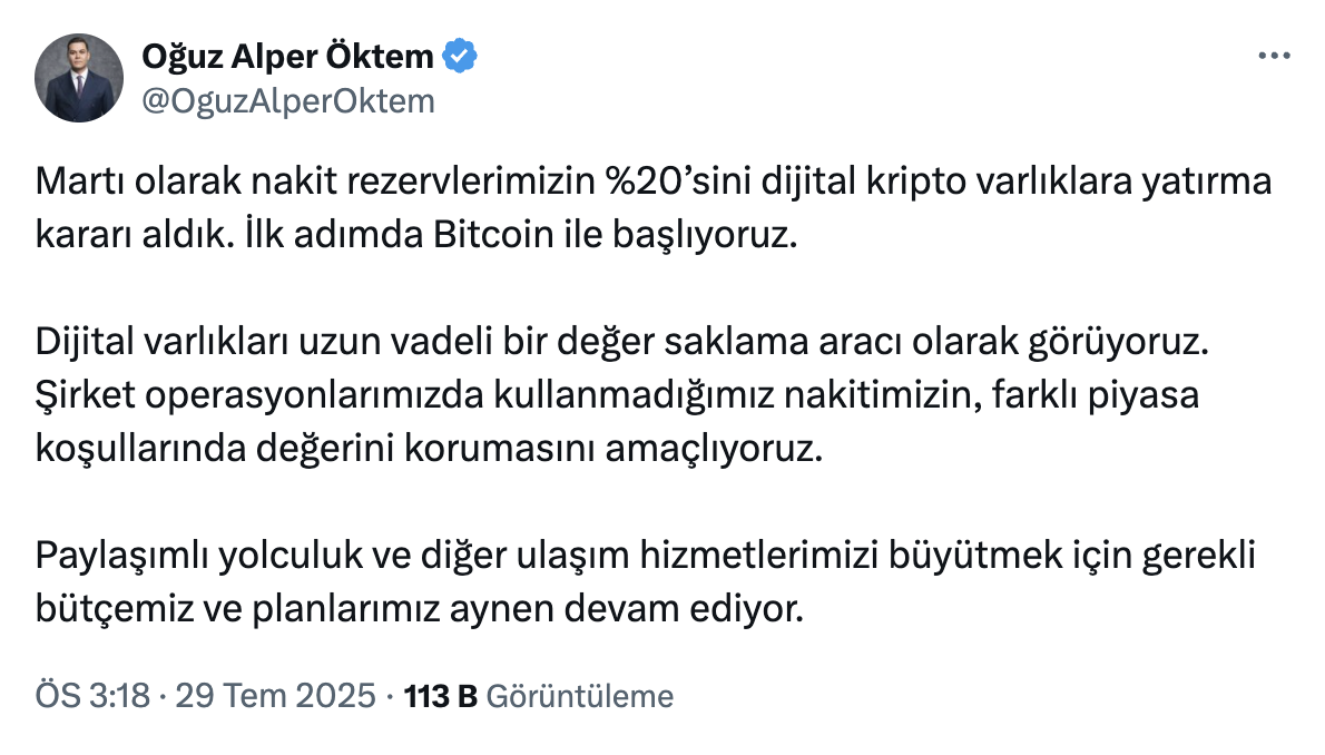Martı, Nakit Rezervinin Yüzde 20’sini Bitcoin’le Başlayarak Kripto Paraya Yatıracak