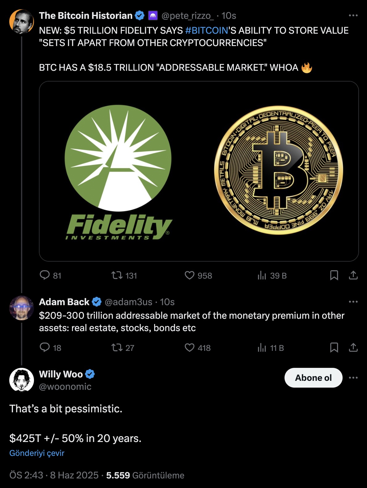 Willy Woo'dan Şok Eden Bitcoin Tahmini: 425 Trilyon Dolarlık Piyasa Değeri Mümkün Mü?