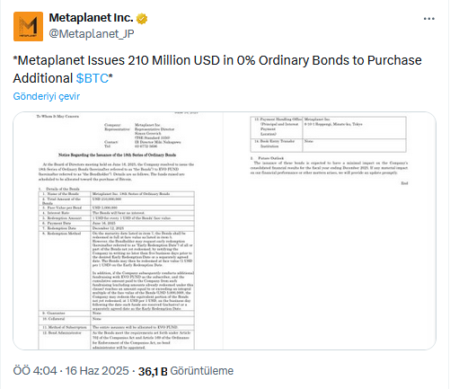 Metaplanet’ten Yeni Bitcoin Hamlesi: 210 Milyon Dolarlık Tahvil İhracıyla Alım Planı