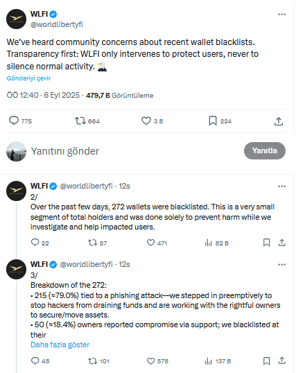 Sadece Justin Sun Değil: WLFI 272 Cüzdanı Kara Listeye Aldı