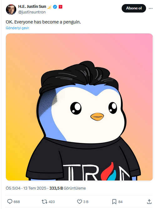 Tron Kurucusu Justin Sun Hamle Yaptı: PENGU Fiyatı Adeta Coştu
