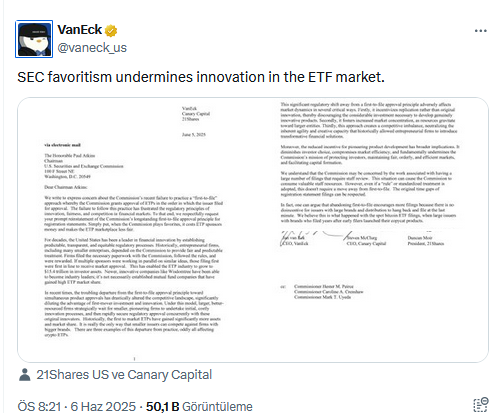 VanEck, ABD'de Kripto ETF Onay Sürecinde "İlk Gelen Kazanır" Sistemini Savunuyor